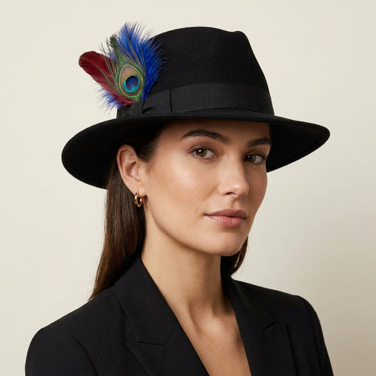 Coque, Turkey Marabou & Peacock Eye (Moon) Feather Hat Pin