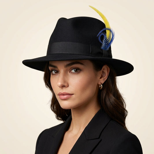 Curled Goose Biot, Coque Tail, Hackle & Guinea Feather Hat Pin