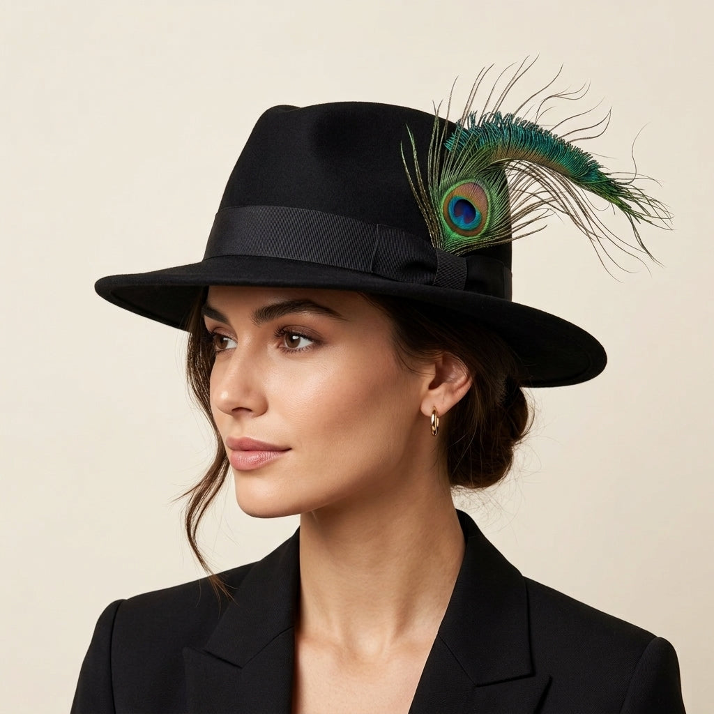 Curled Peacock Sword & Eye Feather Hat Pin