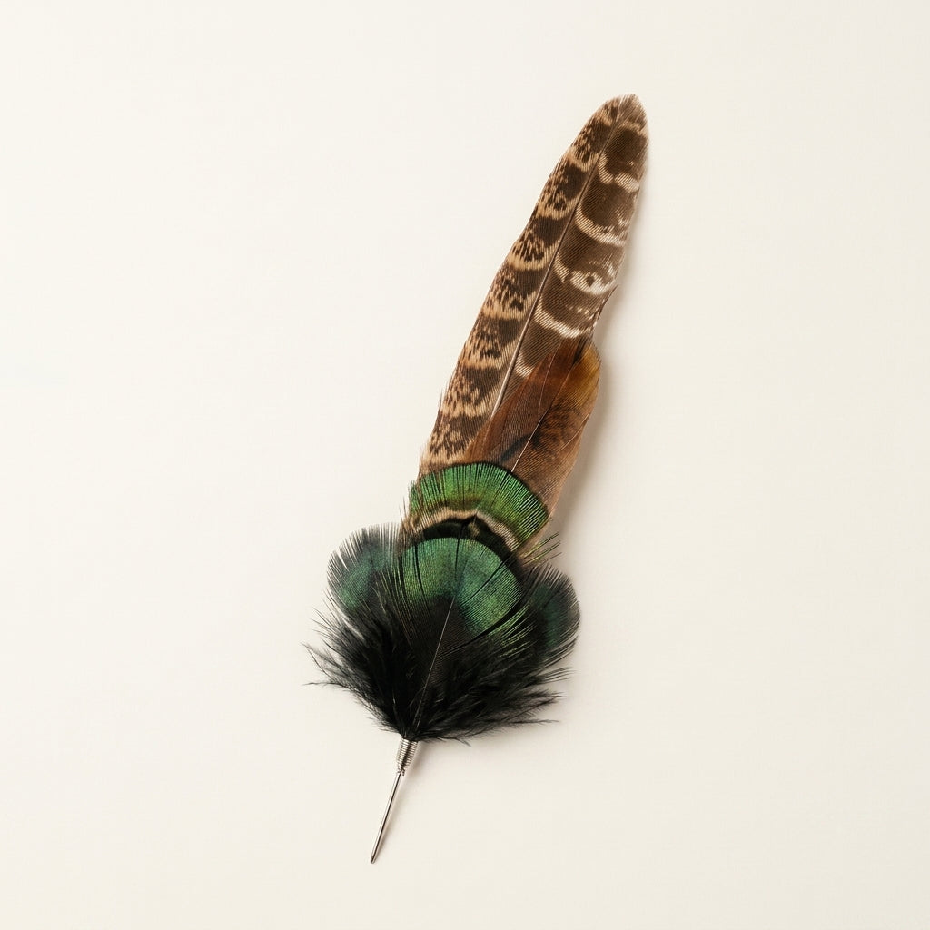 Natural Brown & Green Feather Hat Pin